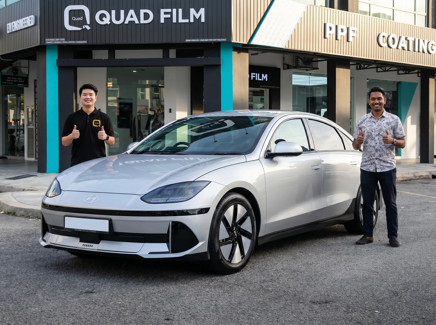 Pasukan Quad Film bersama pemilik Hyundai Ioniq 6 selepas pemasangan PPF