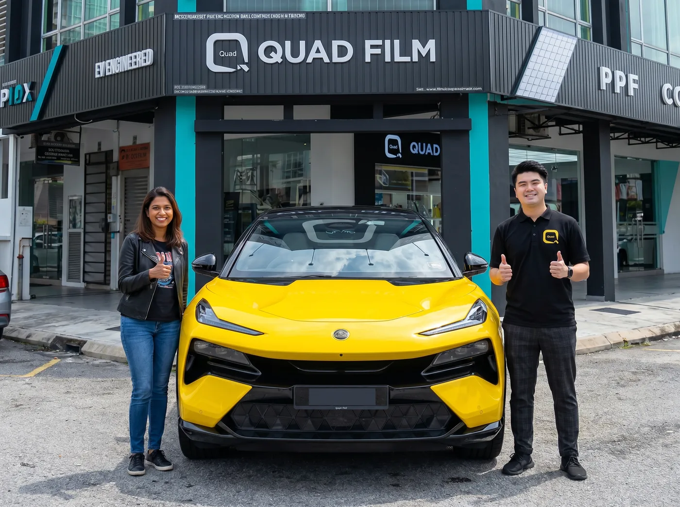 Quad Film 团队与 Lotus Eletre 车主在 PPF 安装后合照