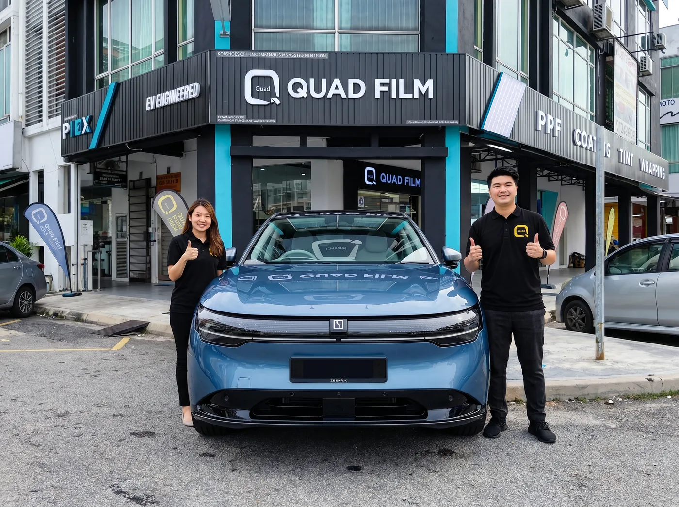 Quad Film 团队与 Zeekr 7X 车主在 PPF 安装后合照