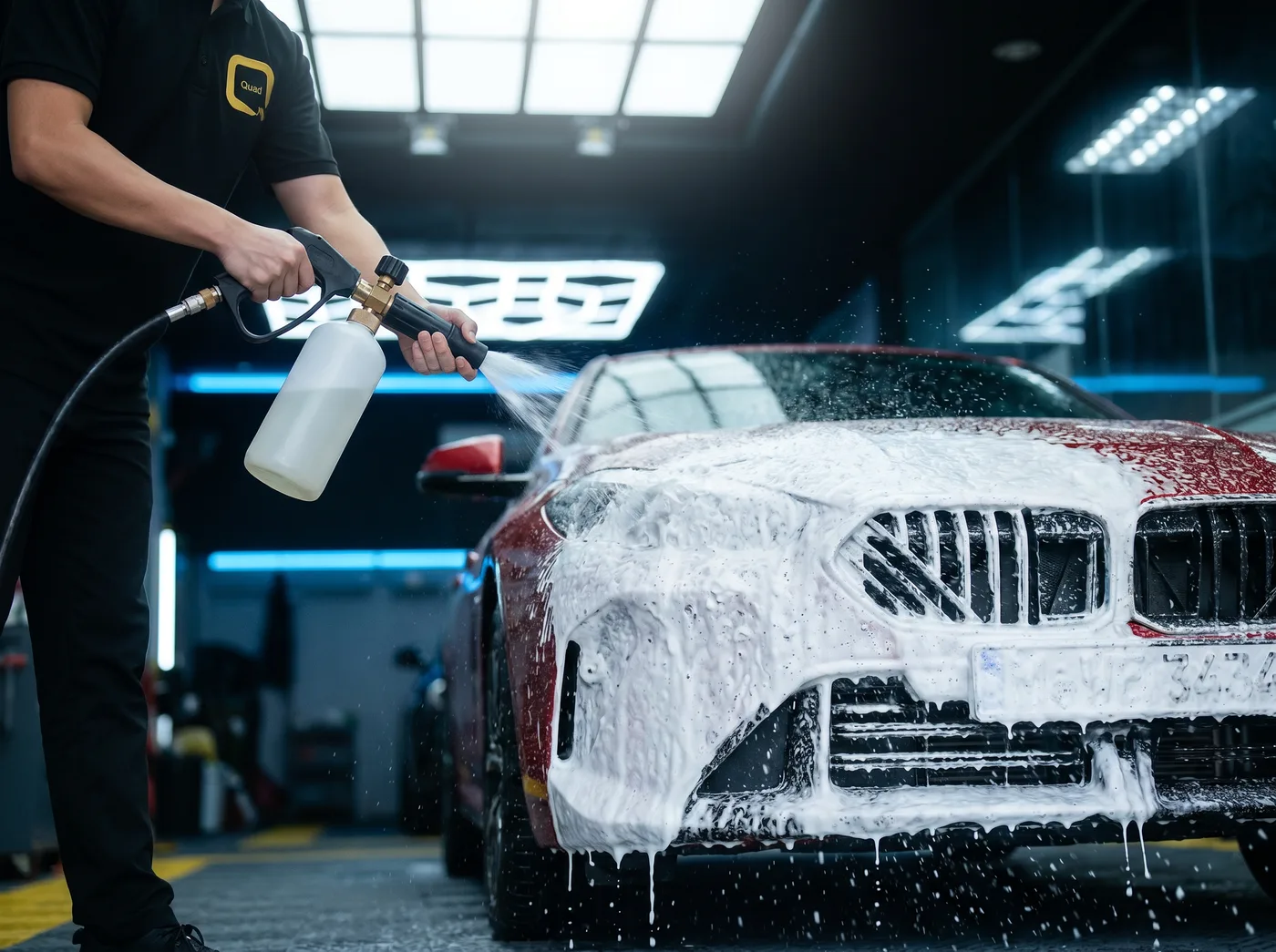 Cucian mendalam dan penyediaan permukaan semasa pemasangan PPF Quad Film pada BMW 2 Series Gran Coupe