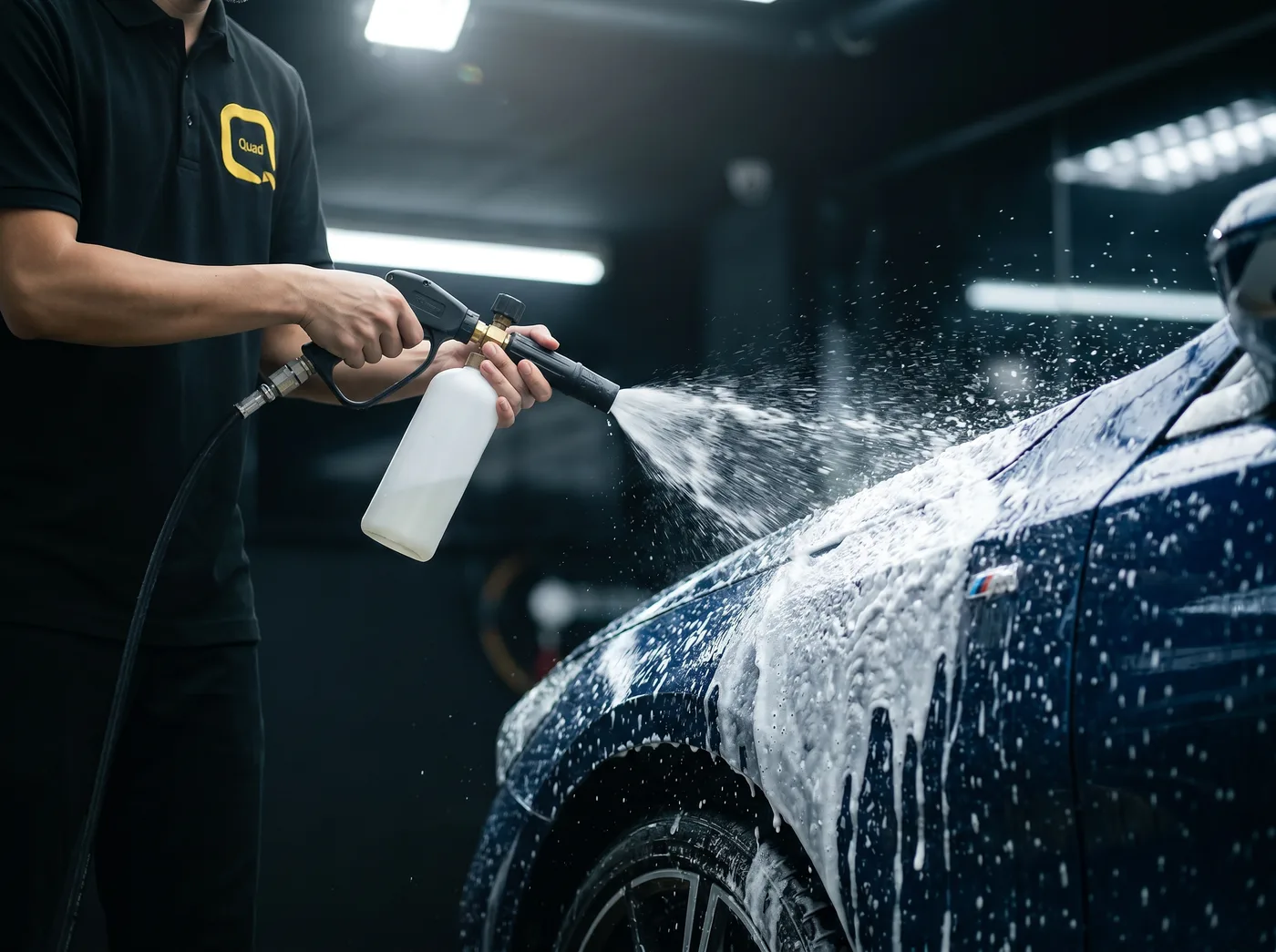 Cucian mendalam dan penyediaan permukaan semasa pemasangan PPF Quad Film pada BMW 5 Series