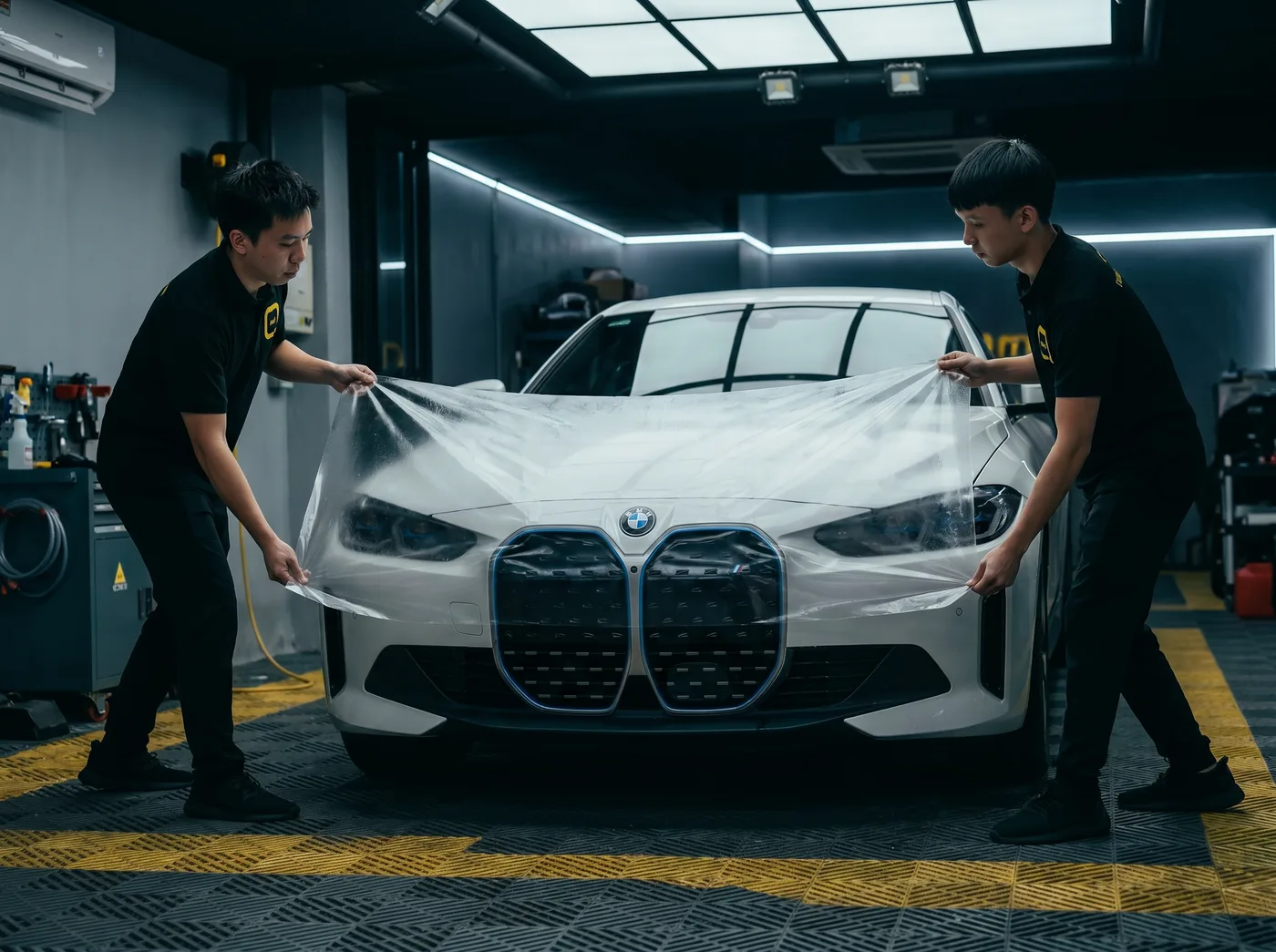 Penjajaran tepat — pemasangan PPF Quad Film pada BMW i4