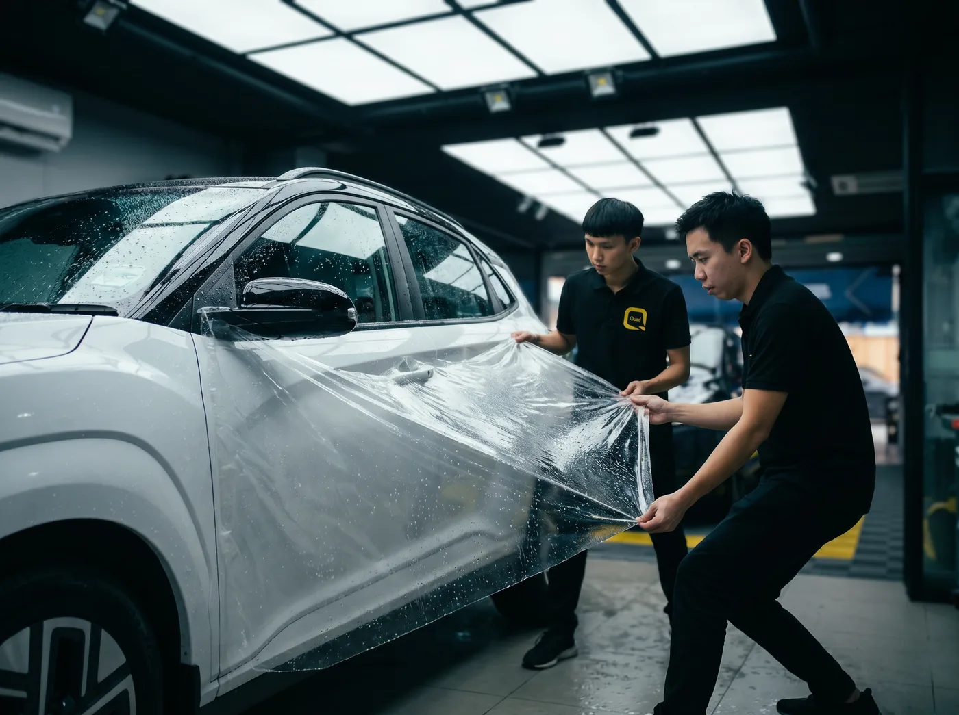 Penjajaran tepat — pemasangan PPF Quad Film pada Hyundai Kona Electric