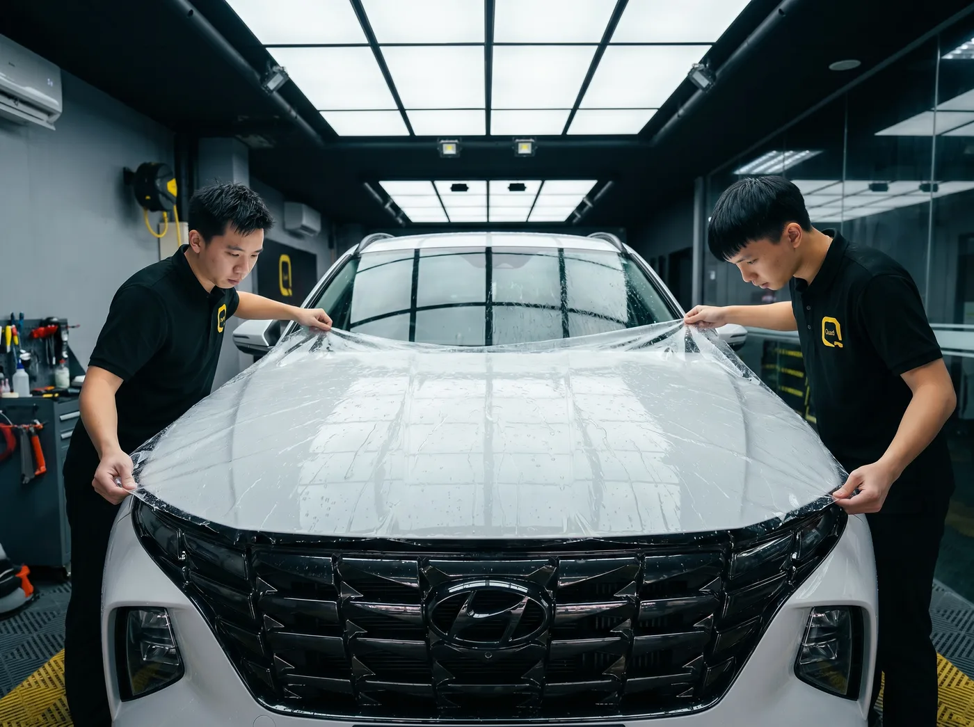 Penjajaran tepat — pemasangan PPF Quad Film pada Hyundai Tucson