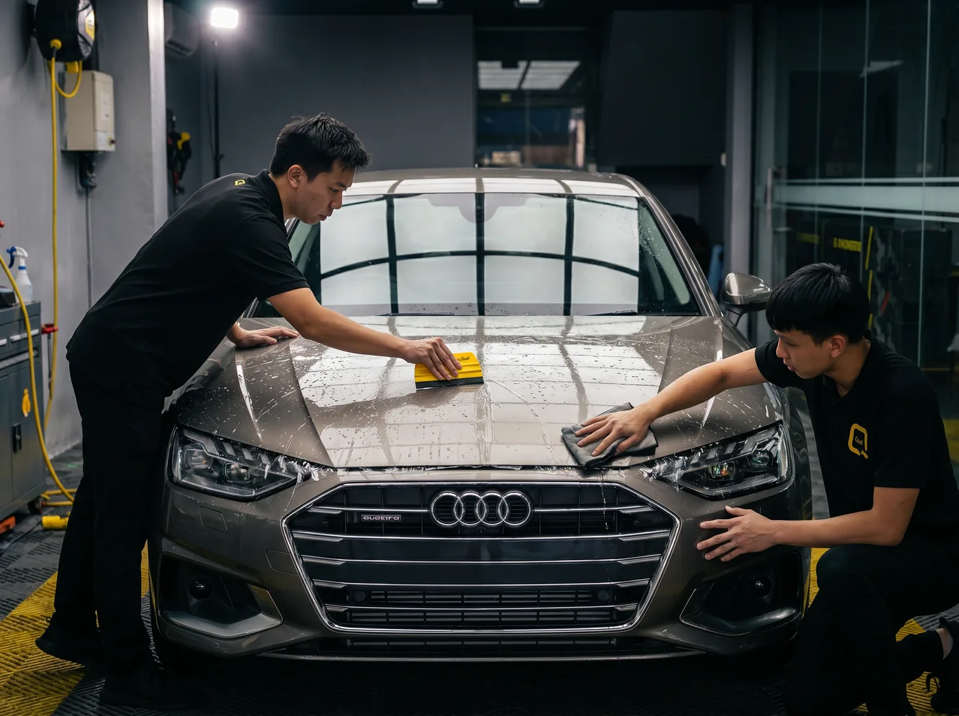 Audi A4 安装 Quad Film 漆面保护膜：排出空气与水分