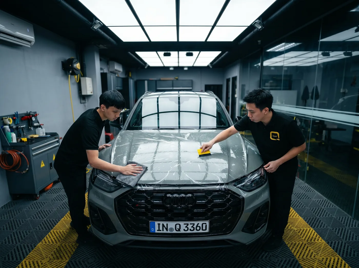 Pembuangan udara dan air semasa pemasangan PPF Quad Film pada Audi Q3