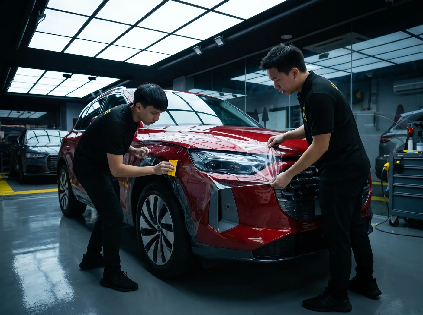Pembuangan udara dan air semasa pemasangan PPF Quad Film pada Audi Q5