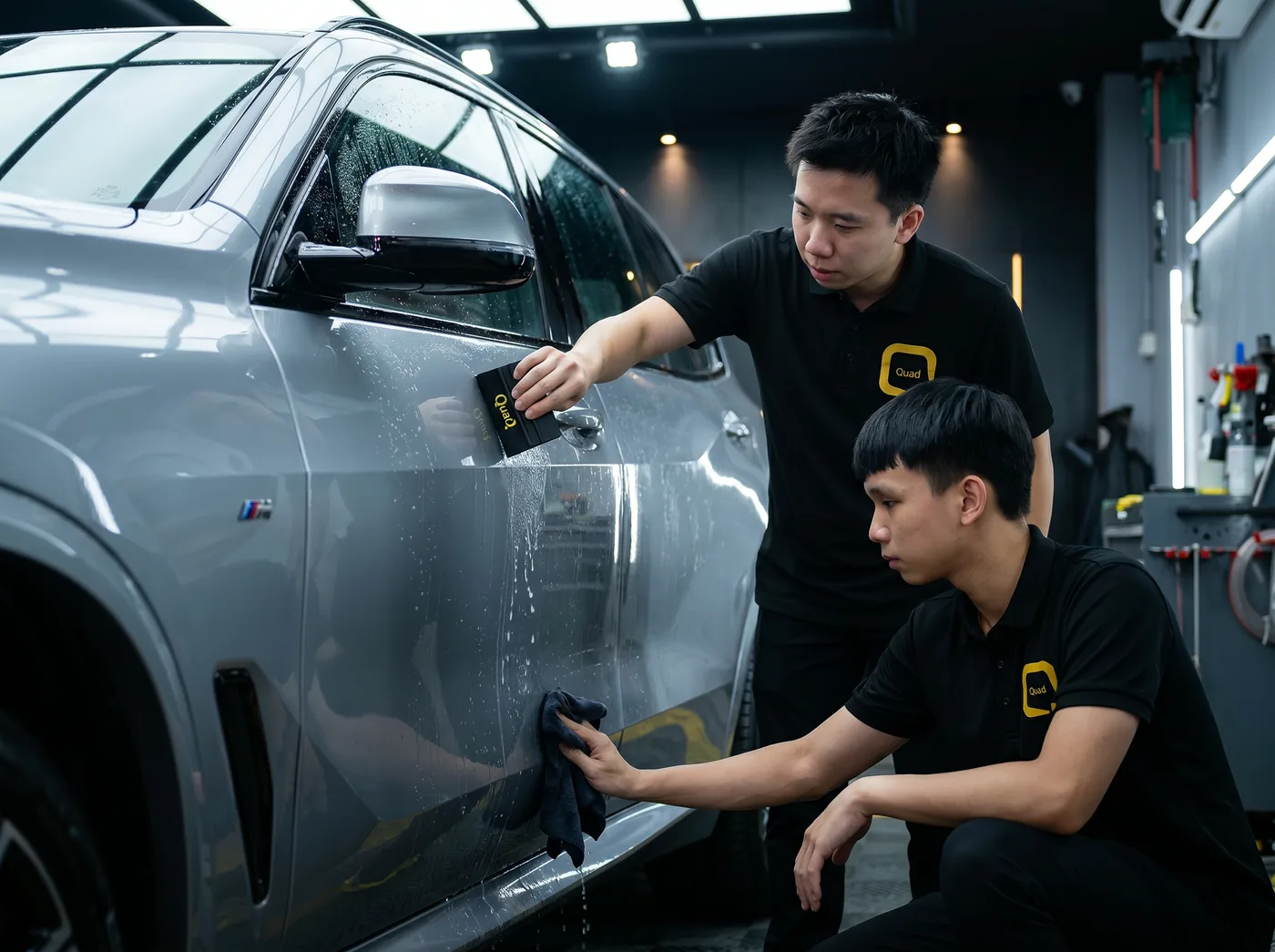 Pembuangan udara dan air semasa pemasangan PPF Quad Film pada BMW X5