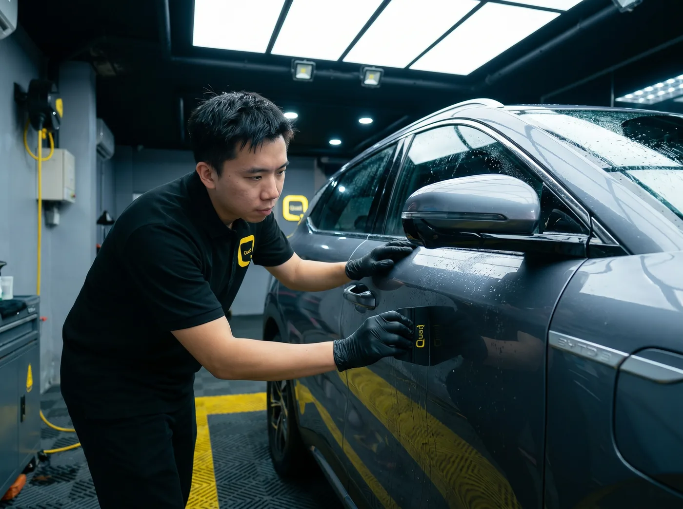 Pembuangan udara dan air semasa pemasangan PPF Quad Film pada BYD Atto 3