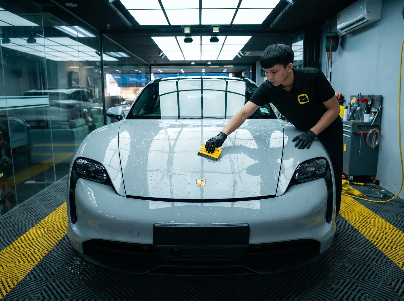 Pembuangan Udara & Air — pemasangan PPF Quad Film pada Porsche Taycan