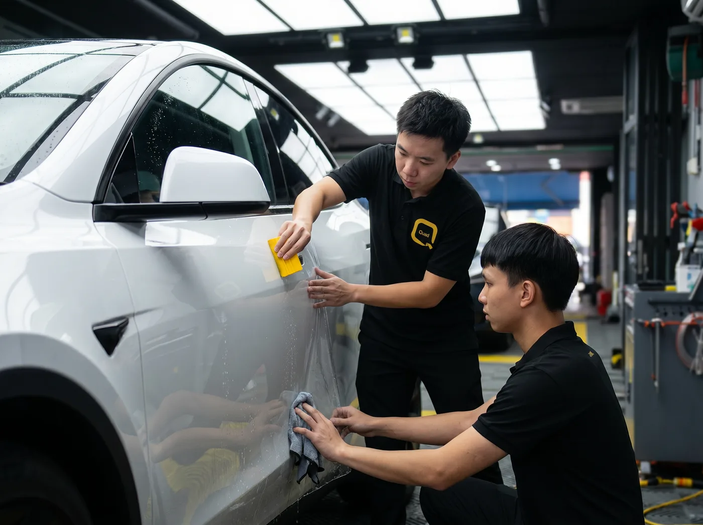 Pembuangan Udara & Air — pemasangan PPF Quad Film pada Tesla Model Y