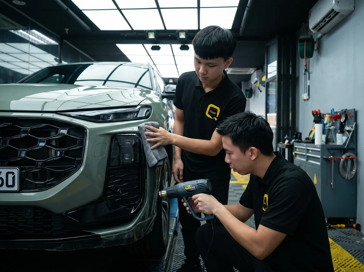 Pengedapan tepi dengan haba semasa pemasangan PPF Quad Film pada Audi Q3