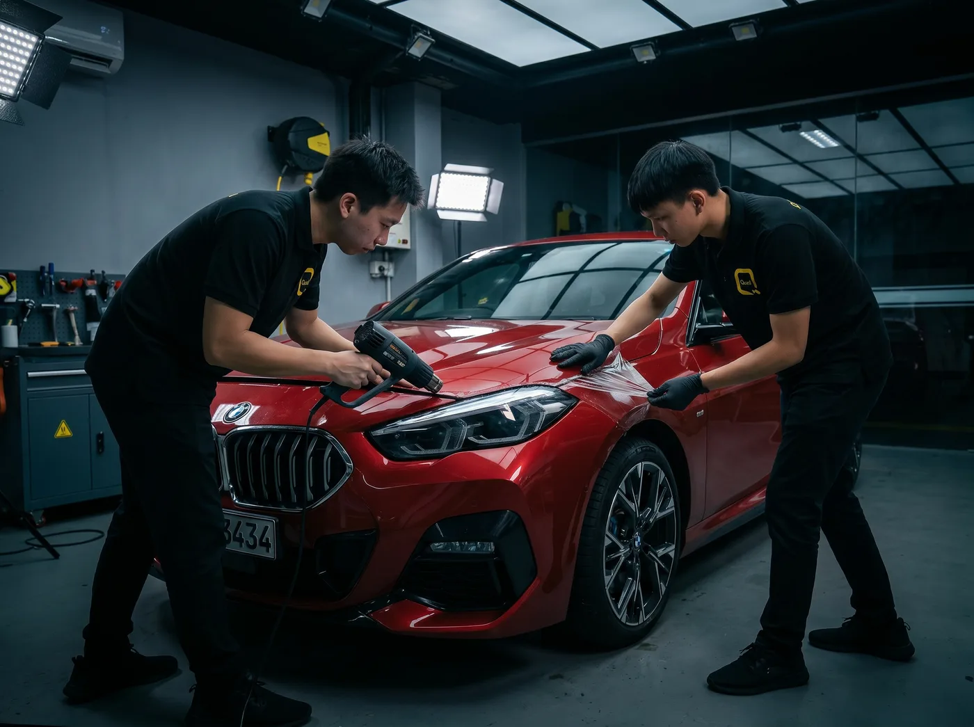 Pengedapan tepi dengan haba semasa pemasangan PPF Quad Film pada BMW 2 Series Gran Coupe