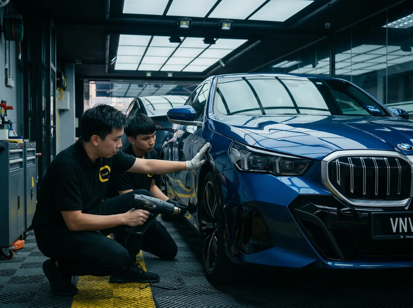 Pengedapan tepi dengan haba semasa pemasangan PPF Quad Film pada BMW 5 Series
