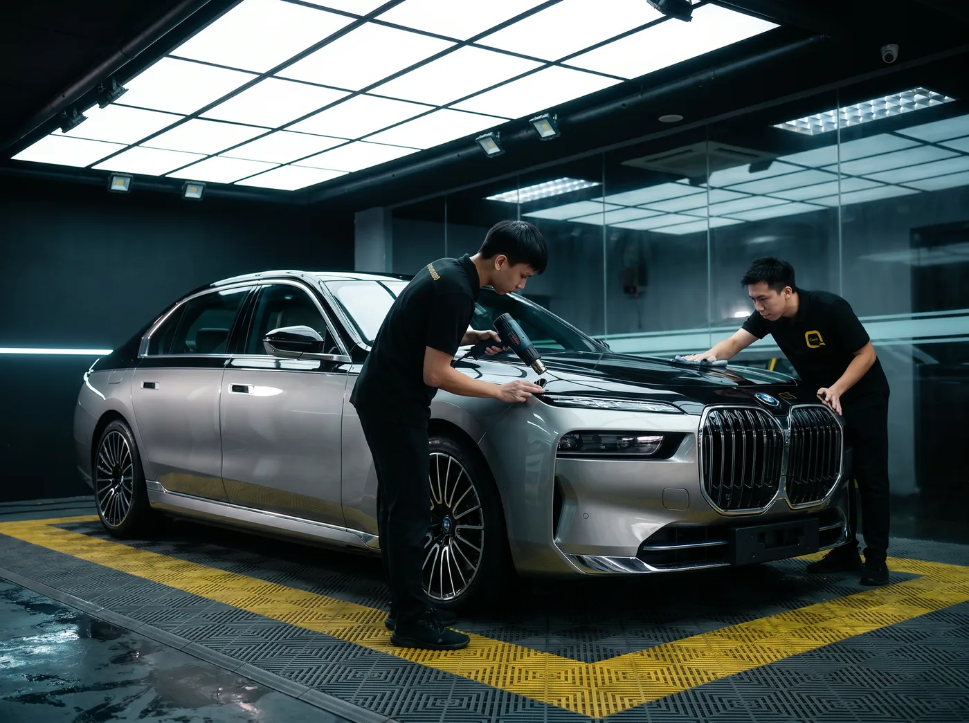 Pengedapan tepi dengan haba semasa pemasangan PPF Quad Film pada BMW 7 Series