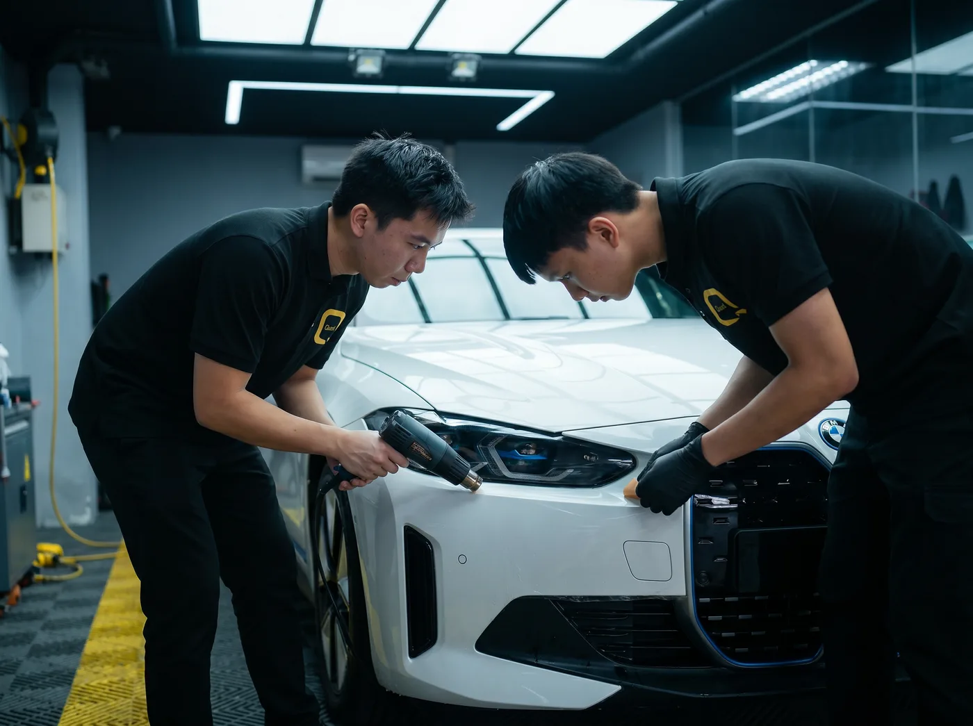 Pengedapan tepi dengan haba semasa pemasangan PPF Quad Film pada BMW i4