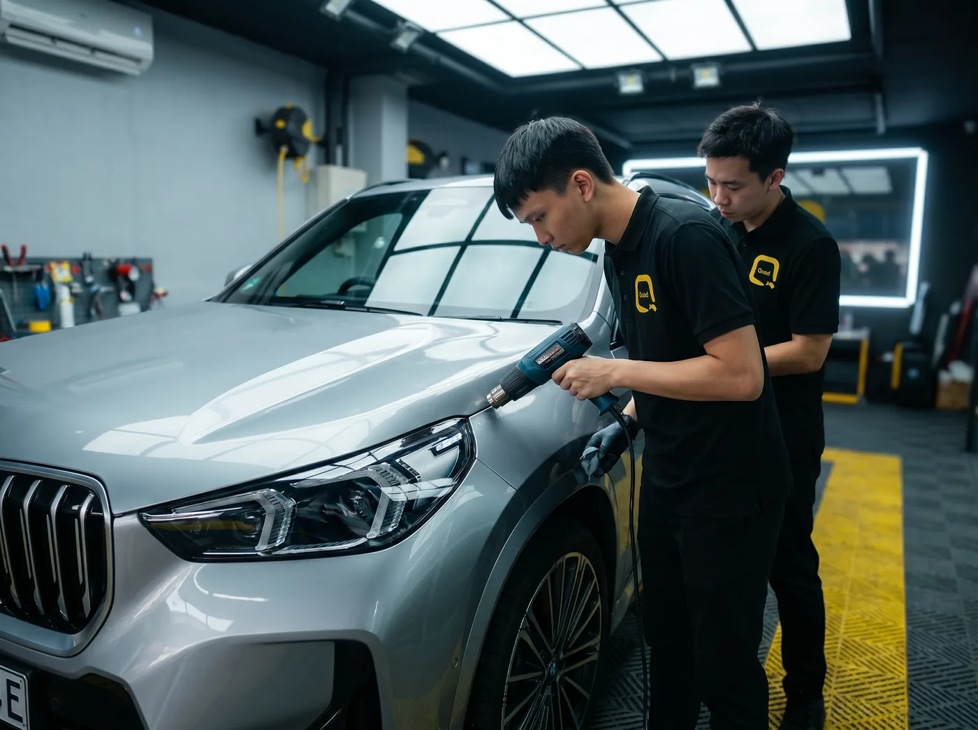Pengedapan tepi dengan haba semasa pemasangan PPF Quad Film pada BMW X1