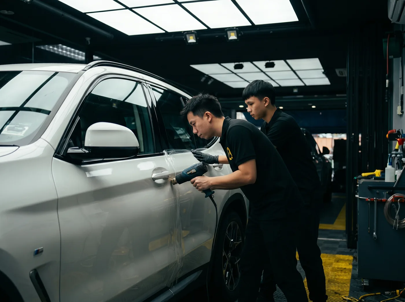 Pengedapan tepi dengan haba semasa pemasangan PPF Quad Film pada BMW X3