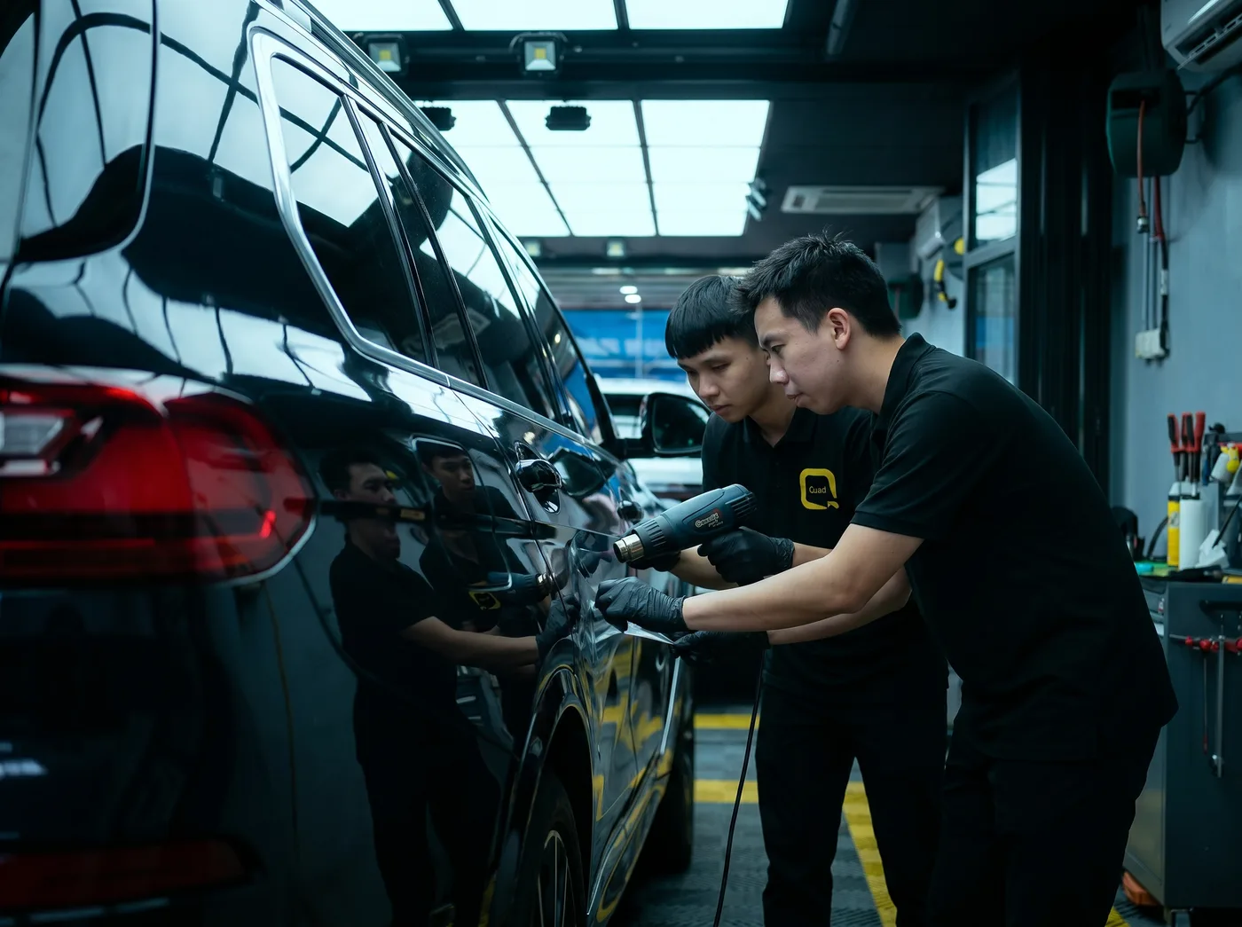 Pengedapan tepi dengan haba semasa pemasangan PPF Quad Film pada BMW X7