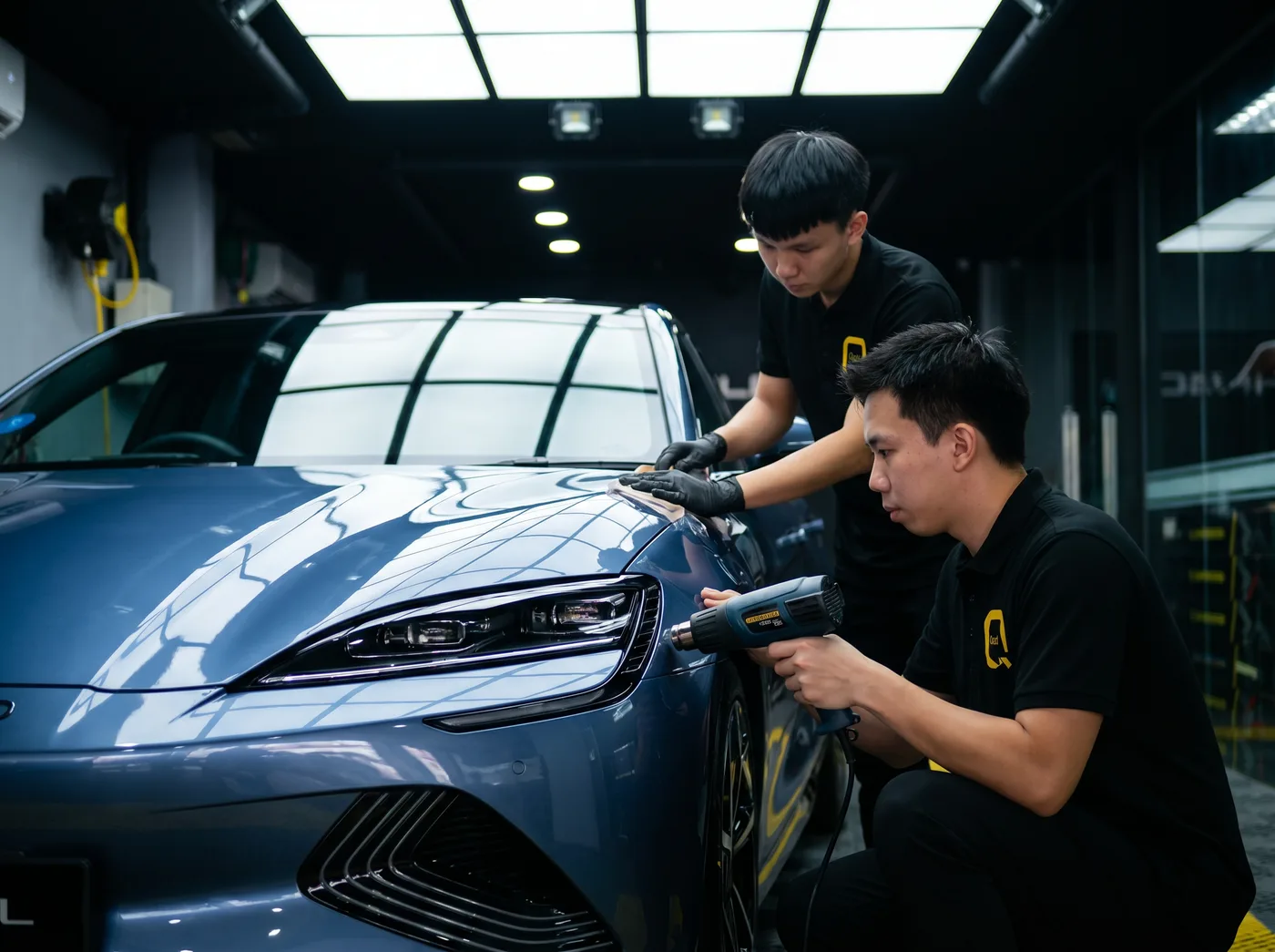 Pengedapan tepi dengan haba semasa pemasangan PPF Quad Film pada BYD Seal