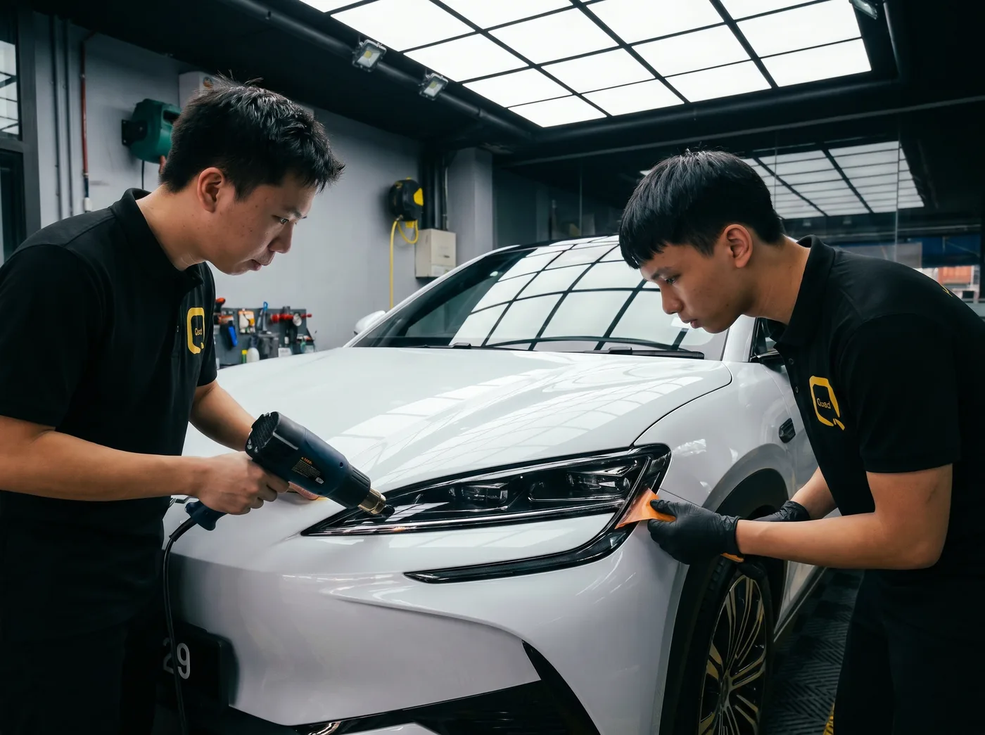 Pengedapan tepi dengan haba semasa pemasangan PPF Quad Film pada BYD Sealion 7