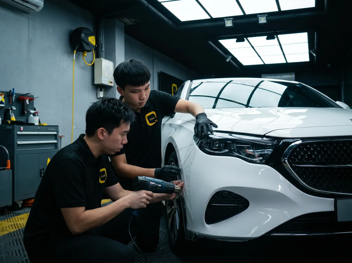 Tepi dimeterai dengan haba — pemasangan PPF Quad Film pada Mercedes-Benz E-Class