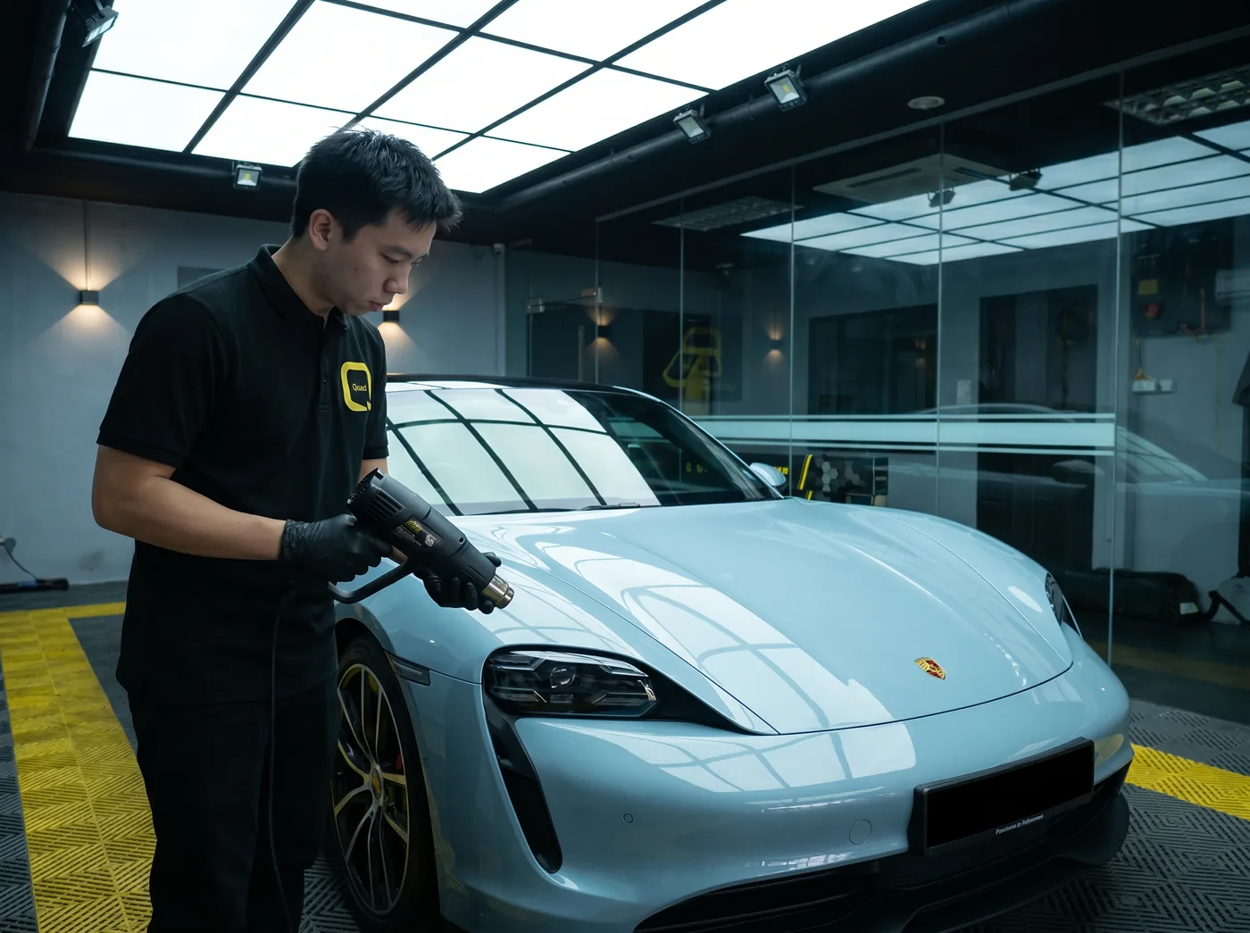 Tepi dimeterai dengan haba — pemasangan PPF Quad Film pada Porsche Taycan