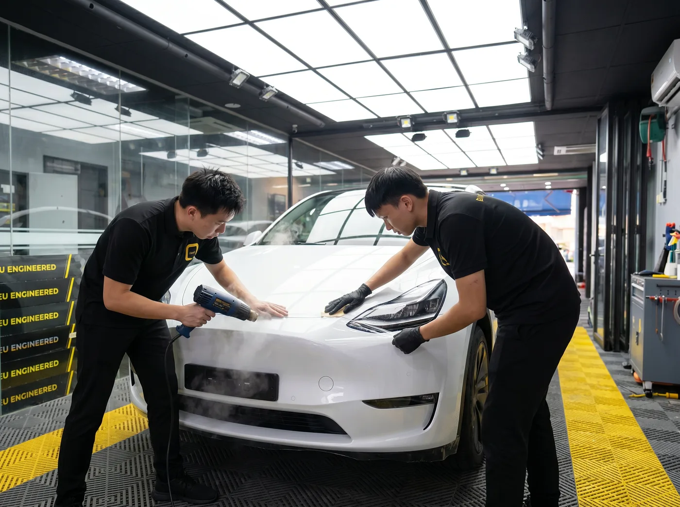 Tepi dimeterai dengan haba — pemasangan PPF Quad Film pada Tesla Model Y
